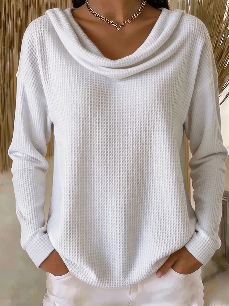 Mila™ Elegantes Waffel-Oberteil mit Wasserfall-Kragen | Figurschmeichelnder Langarm-Pullover