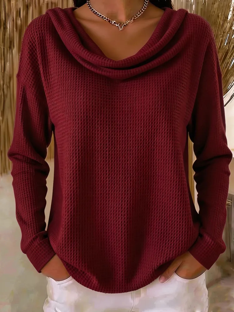 Mila™ Elegantes Waffel-Oberteil mit Wasserfall-Kragen | Figurschmeichelnder Langarm-Pullover