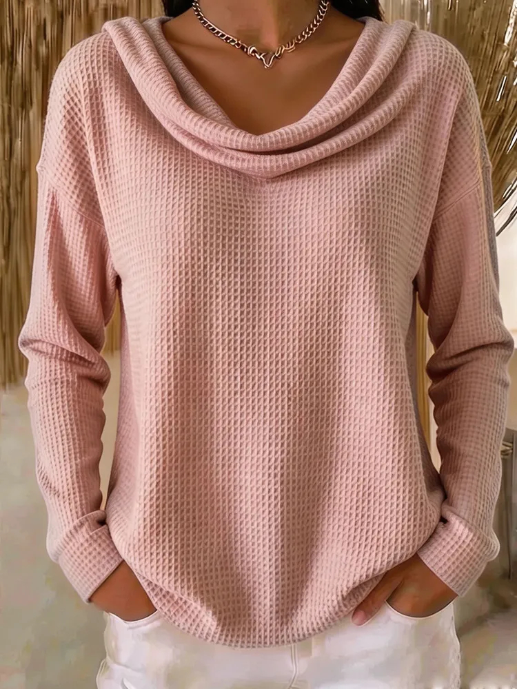 Mila™ Elegantes Waffel-Oberteil mit Wasserfall-Kragen | Figurschmeichelnder Langarm-Pullover