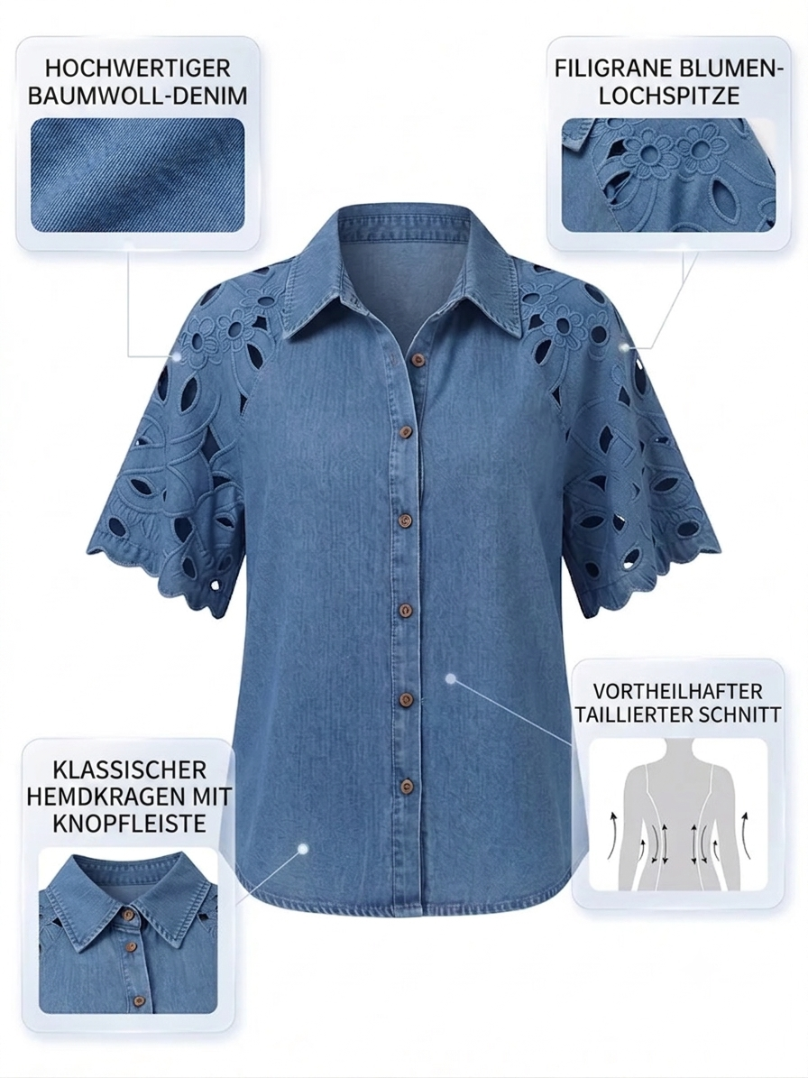 Vintage-Jeansbluse mit Edler Lochspitze & Floralem Stickerei-Detail