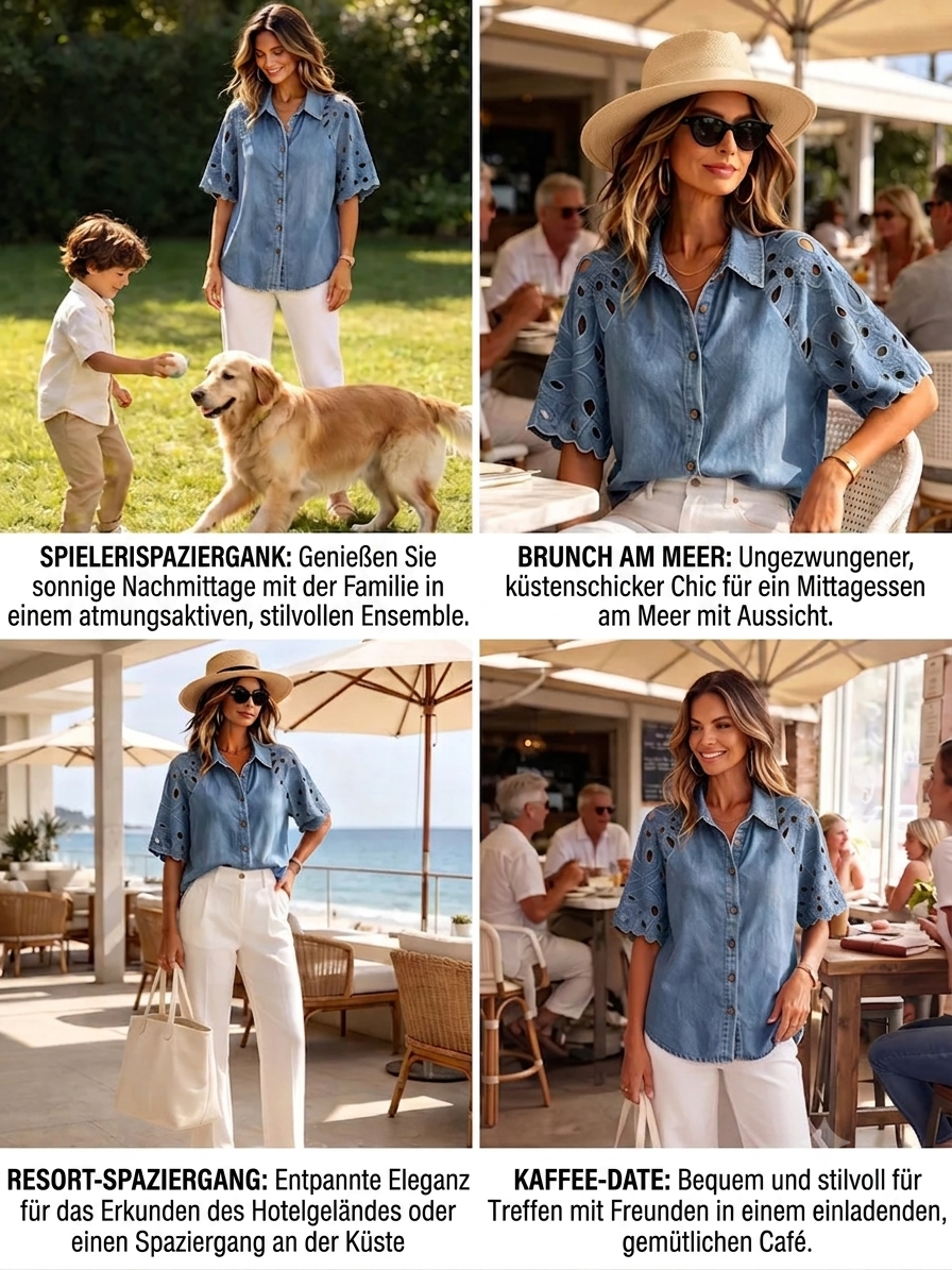 Vintage-Jeansbluse mit Edler Lochspitze & Floralem Stickerei-Detail