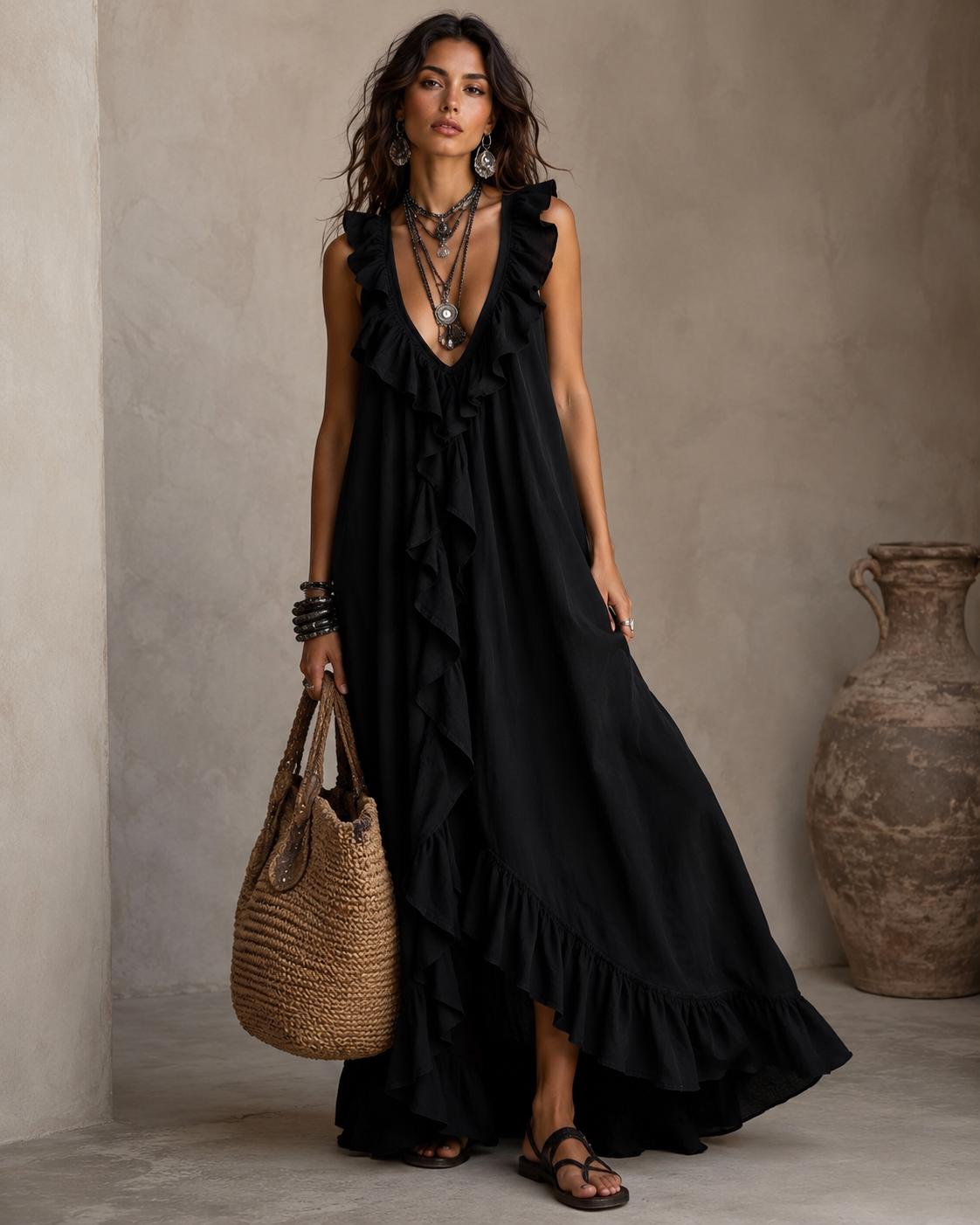 Lockeres Sommer-Maxikleid für Damen aus Leinen-Baumwolle mit Rüschen und V-Ausschnitt