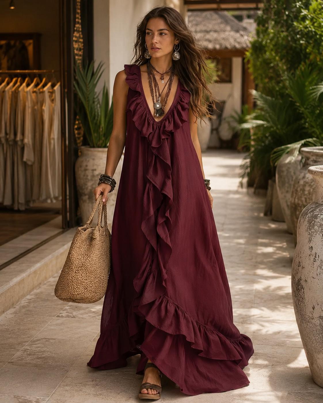 Lockeres Sommer-Maxikleid für Damen aus Leinen-Baumwolle mit Rüschen und V-Ausschnitt