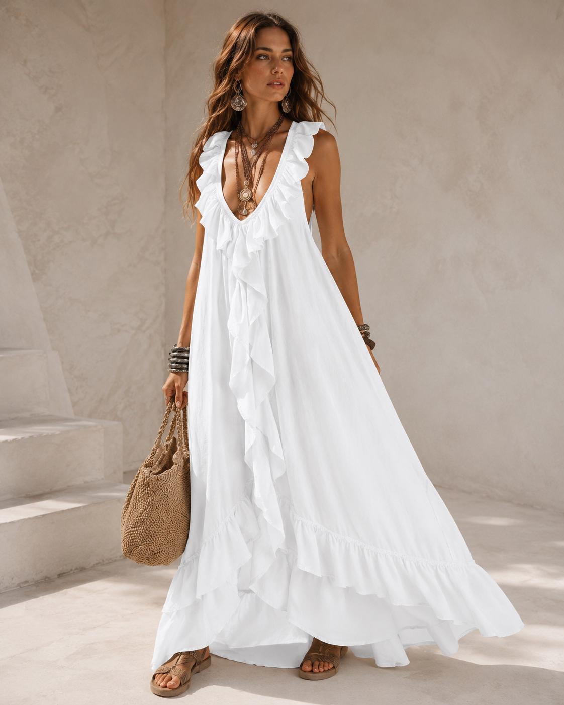 Lockeres Sommer-Maxikleid für Damen aus Leinen-Baumwolle mit Rüschen und V-Ausschnitt