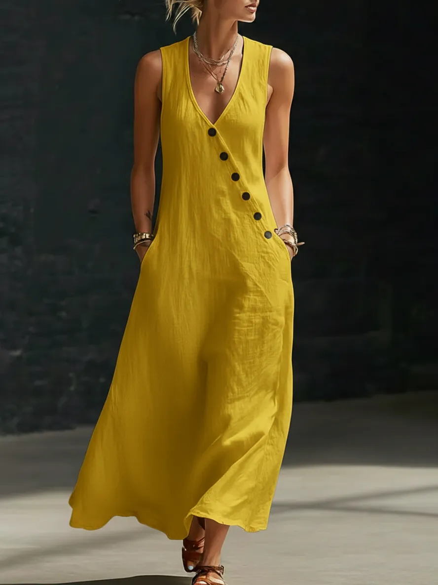 Evelyn™ Elegantes Maxikleid in Leinen-Optik mit Knopfleiste | Ärmelloses Sommerkleid mit Taschen