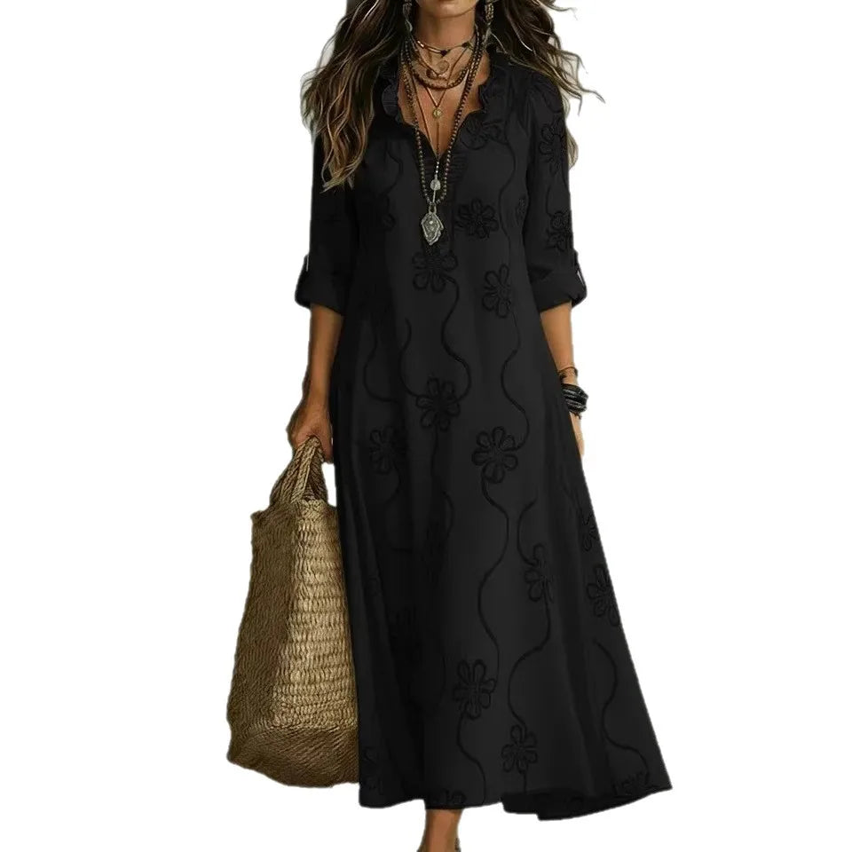 Elegant Leinen-Maxikleid mit Feinem Stickerei-Muster & V-Ausschnitt