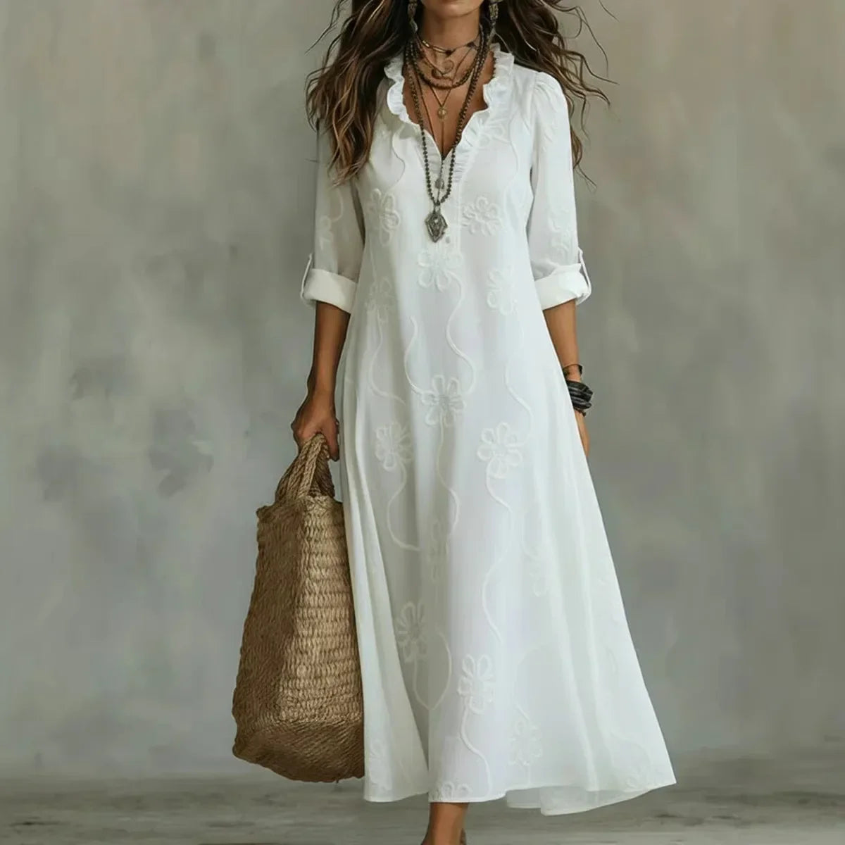 Elegant Leinen-Maxikleid mit Feinem Stickerei-Muster & V-Ausschnitt