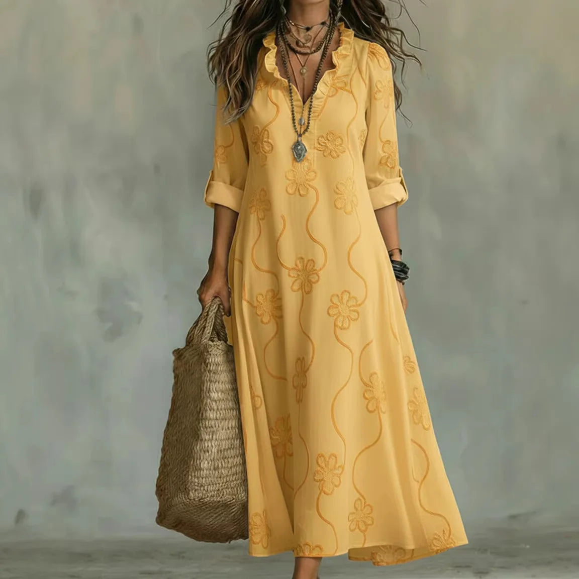 Elegant Leinen-Maxikleid mit Feinem Stickerei-Muster & V-Ausschnitt