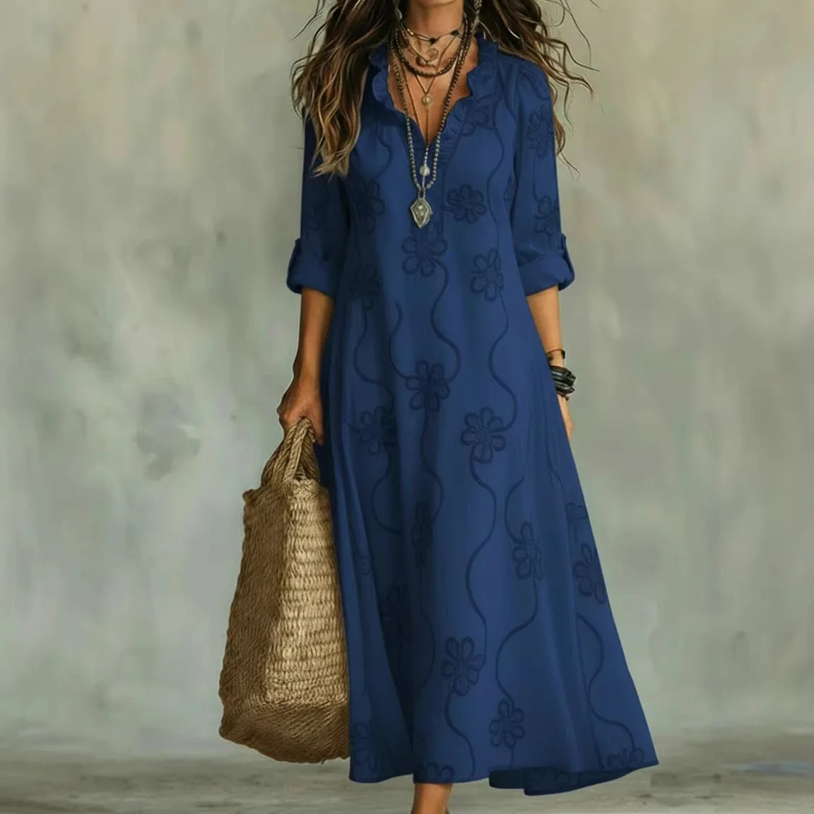 Elegant Leinen-Maxikleid mit Feinem Stickerei-Muster & V-Ausschnitt
