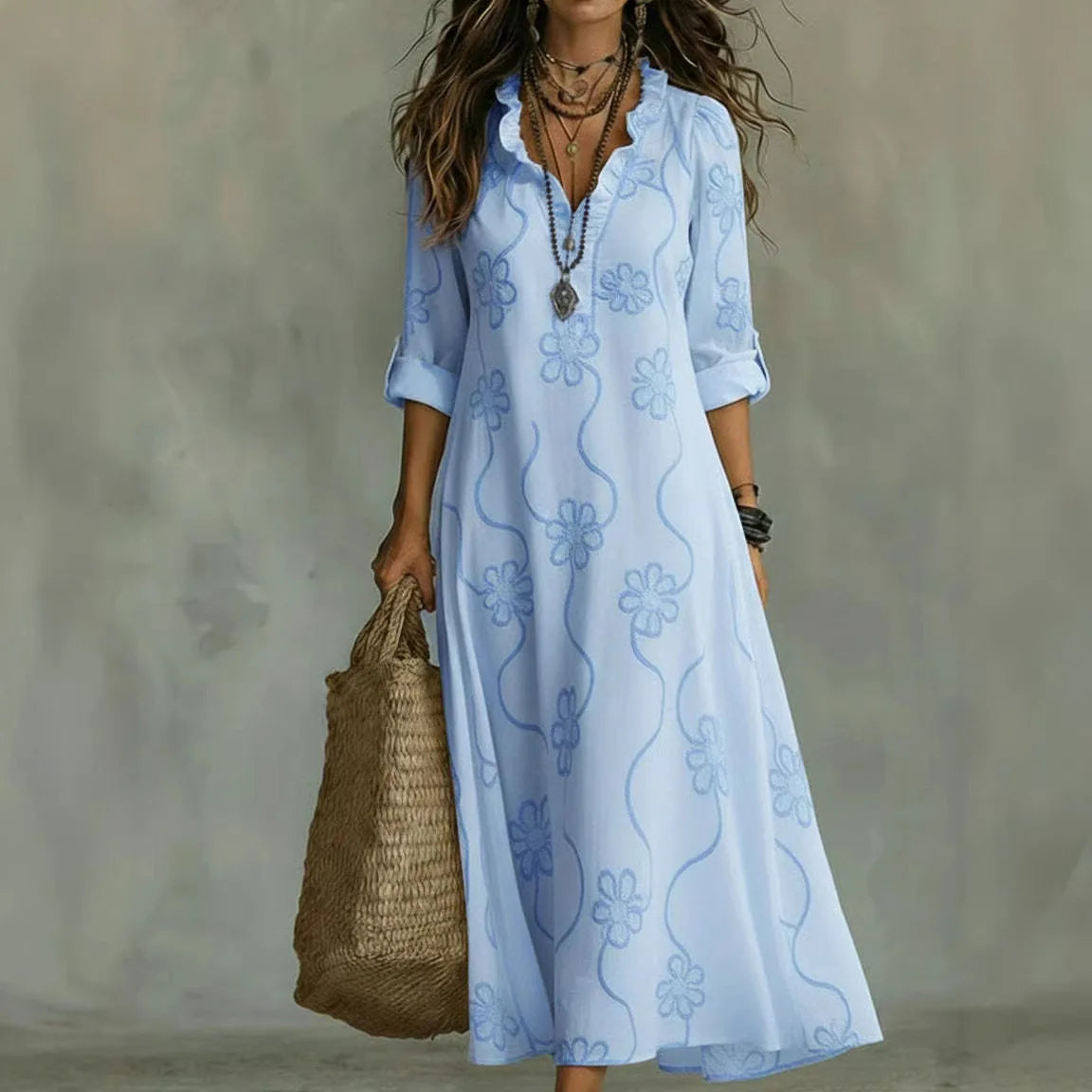 Elegant Leinen-Maxikleid mit Feinem Stickerei-Muster & V-Ausschnitt