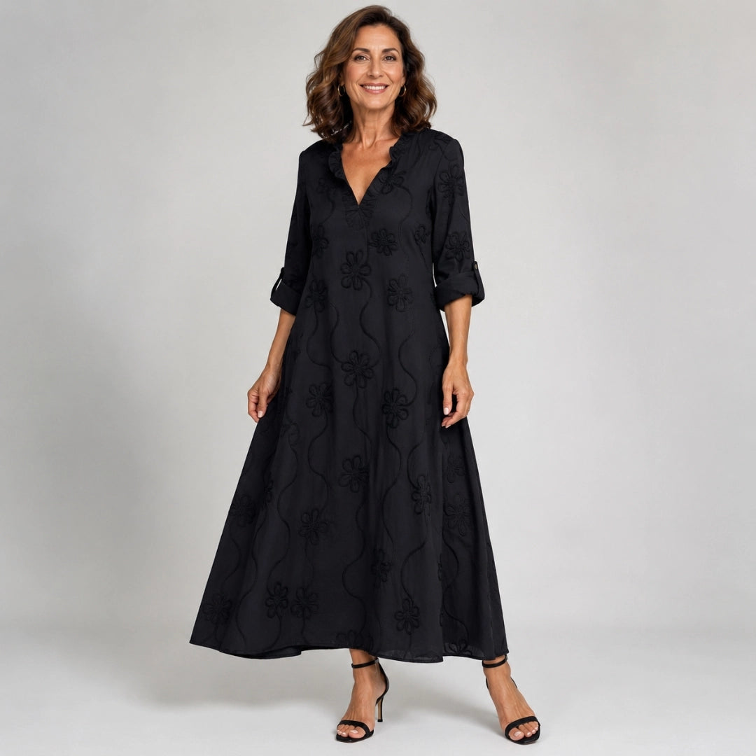 Elegant Leinen-Maxikleid mit Feinem Stickerei-Muster & V-Ausschnitt