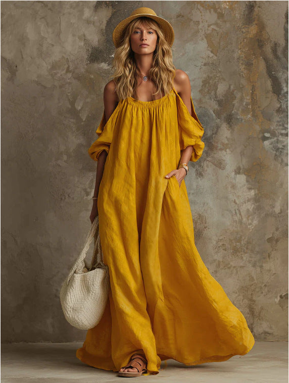Luftiges Boho Kaftan Maxikleid mit Schulterauschnitt & Taschen – Eleganter Sommer-Traum