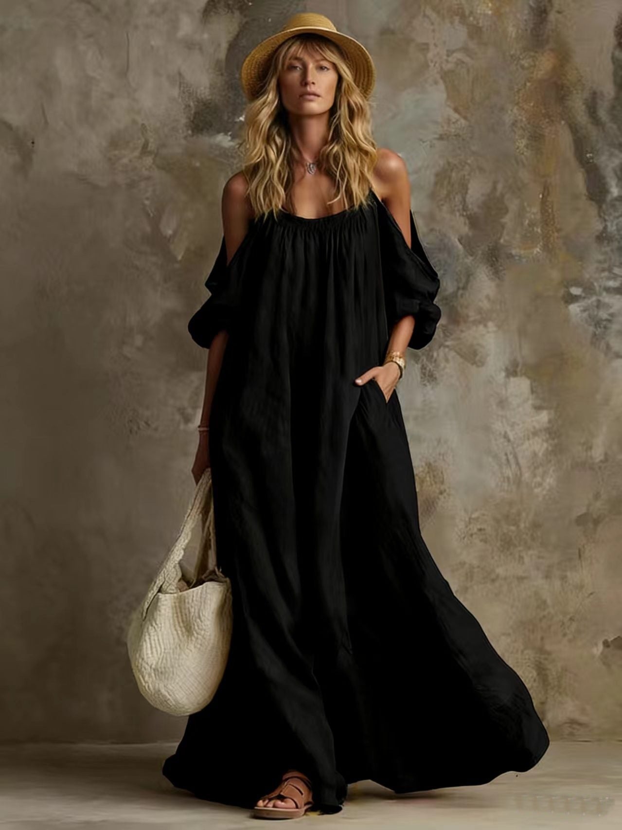 Luftiges Boho Kaftan Maxikleid mit Schulterauschnitt & Taschen – Eleganter Sommer-Traum