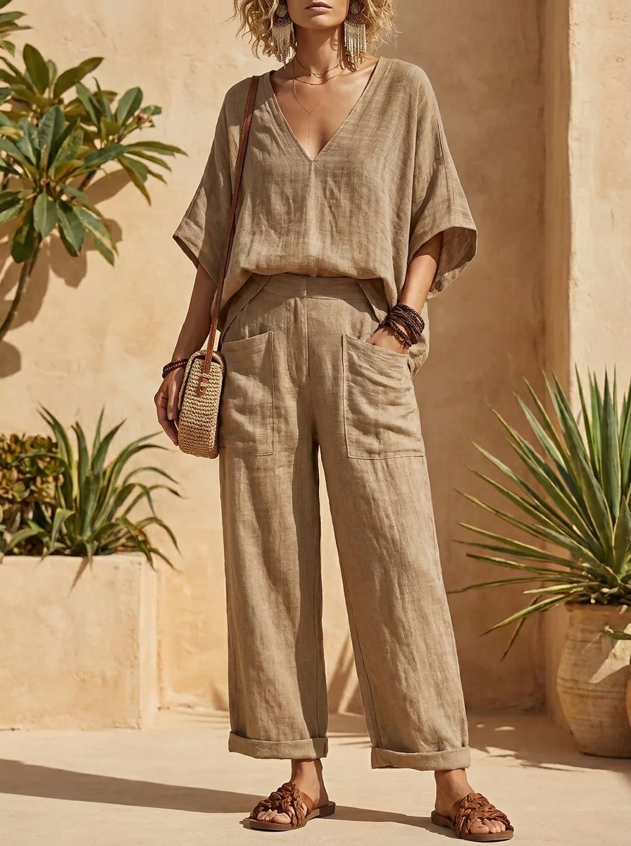 Natürliches Leinen-Set für Damen – V-Ausschnitt Kurzarmtop & Weite Leinenhose