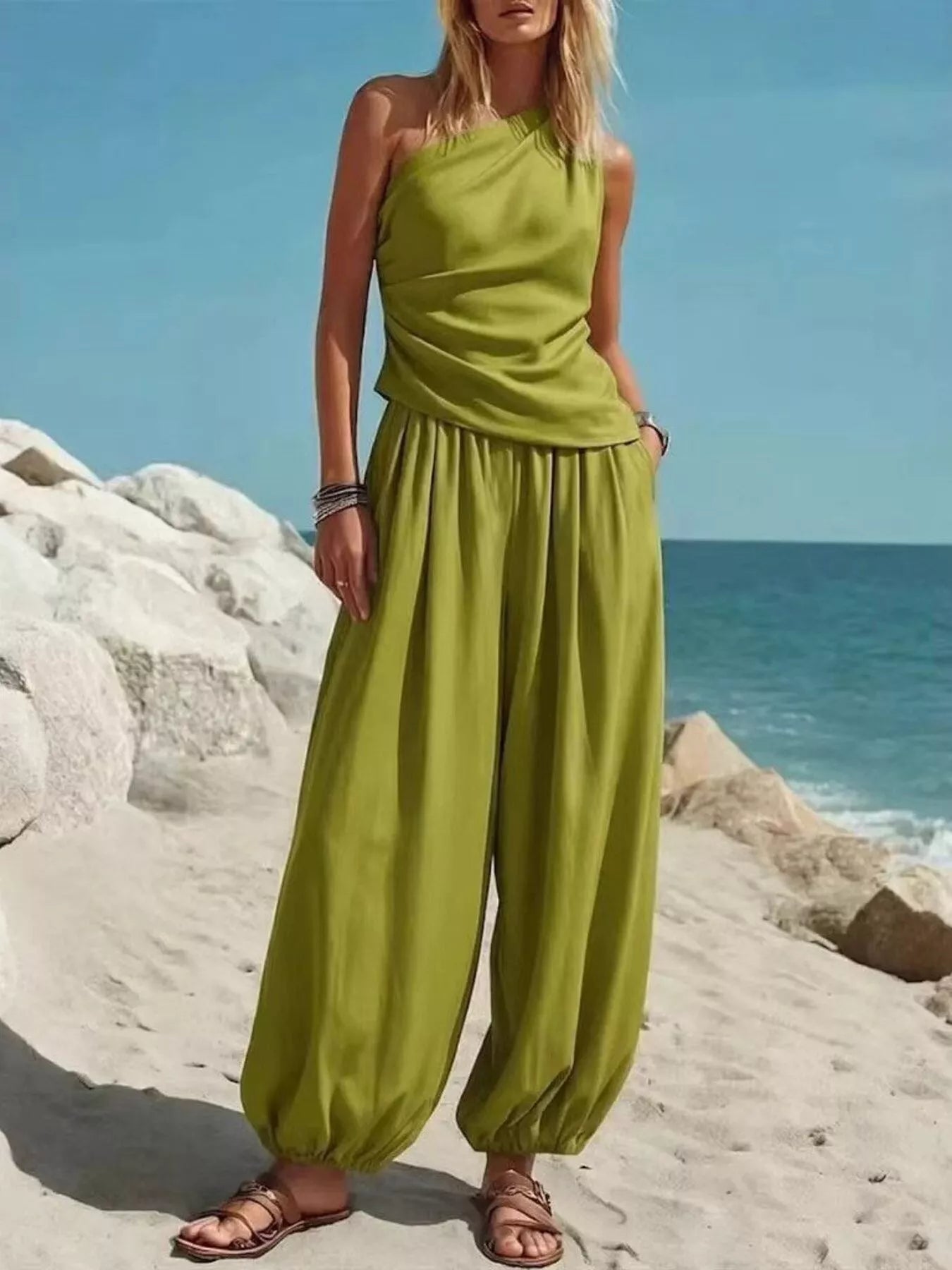 Elegantes 2-Teiler-Set mit Ein-Schulter-Top und Ballonhose – Bequem & Stilvoll