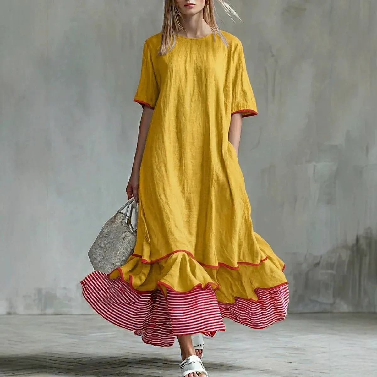 Leinen-Kleid Damen mit Taschen & Gestreiftem Saum