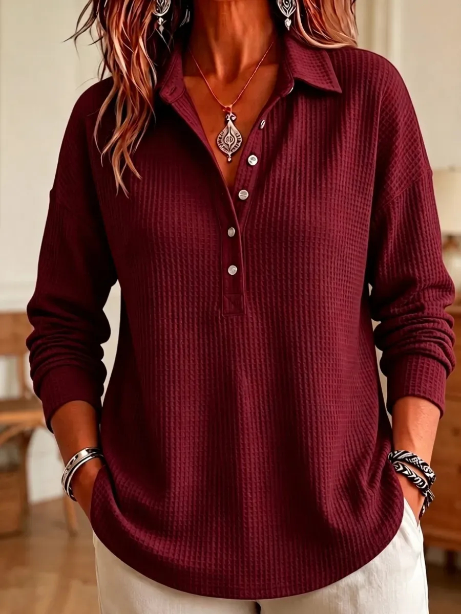 Evelyn™ Elegantes Longsleeve in Waffeloptik mit Henley-Kragen | Gemütliches Oberteil