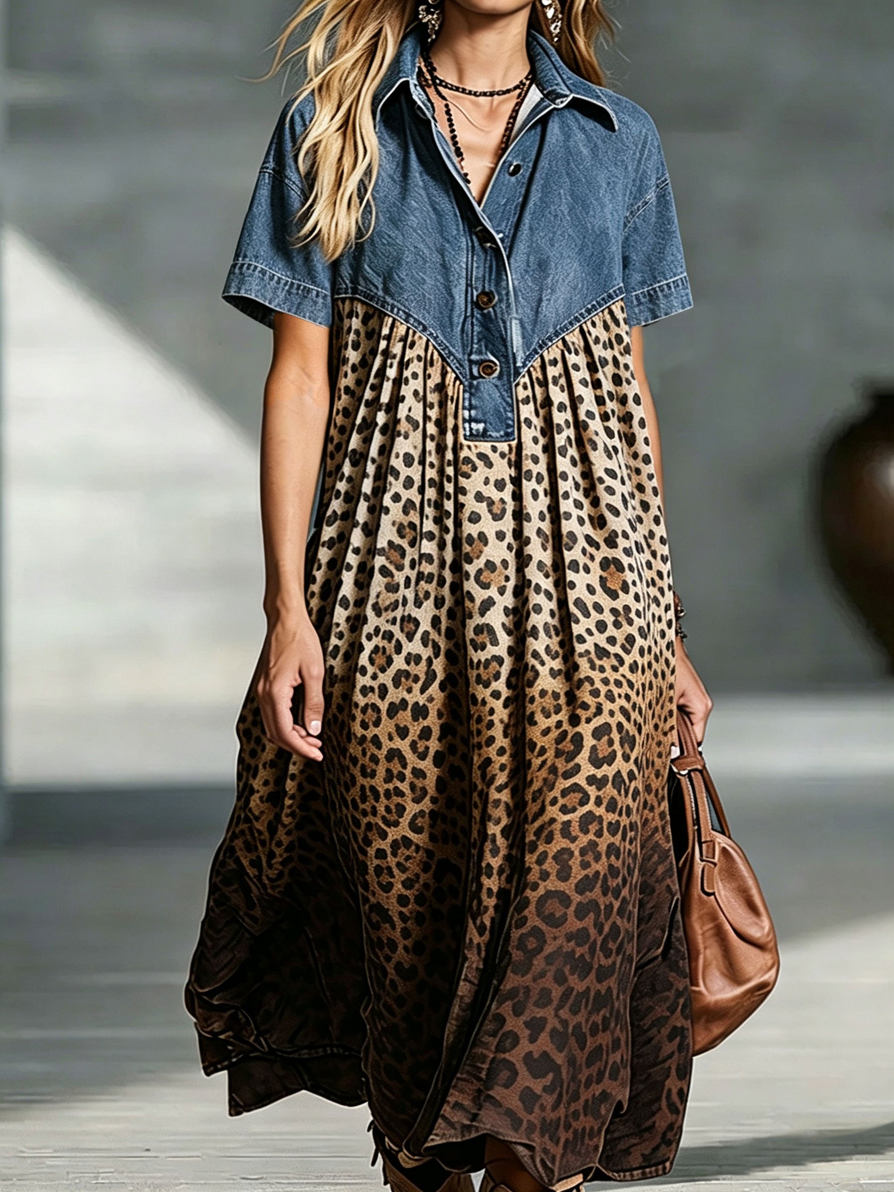Lara™ Boho Midikleid mit Denim-Top & Leo-Farbverlauf