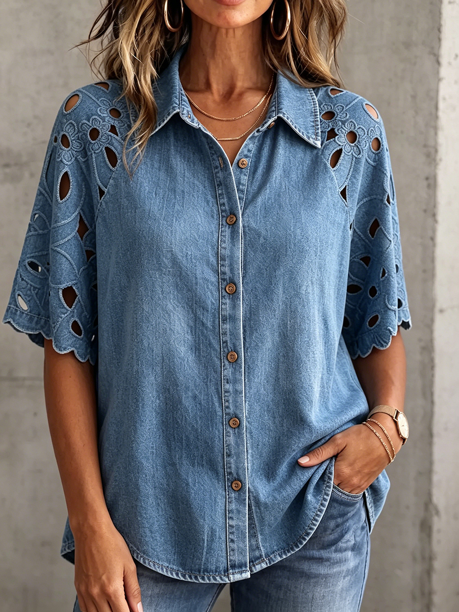 Vintage-Jeansbluse mit Edler Lochspitze & Floralem Stickerei-Detail