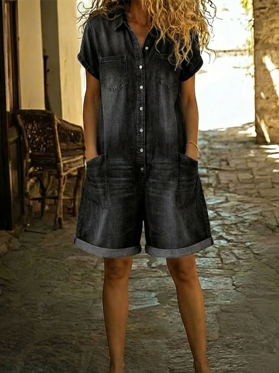 Women's Denim Short Sleeve Romper Jumpsuit