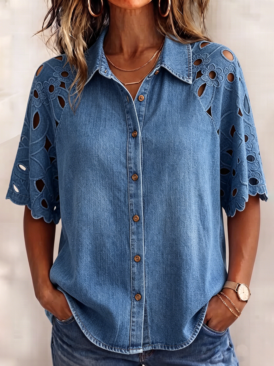 Vintage-Jeansbluse mit Edler Lochspitze & Floralem Stickerei-Detail