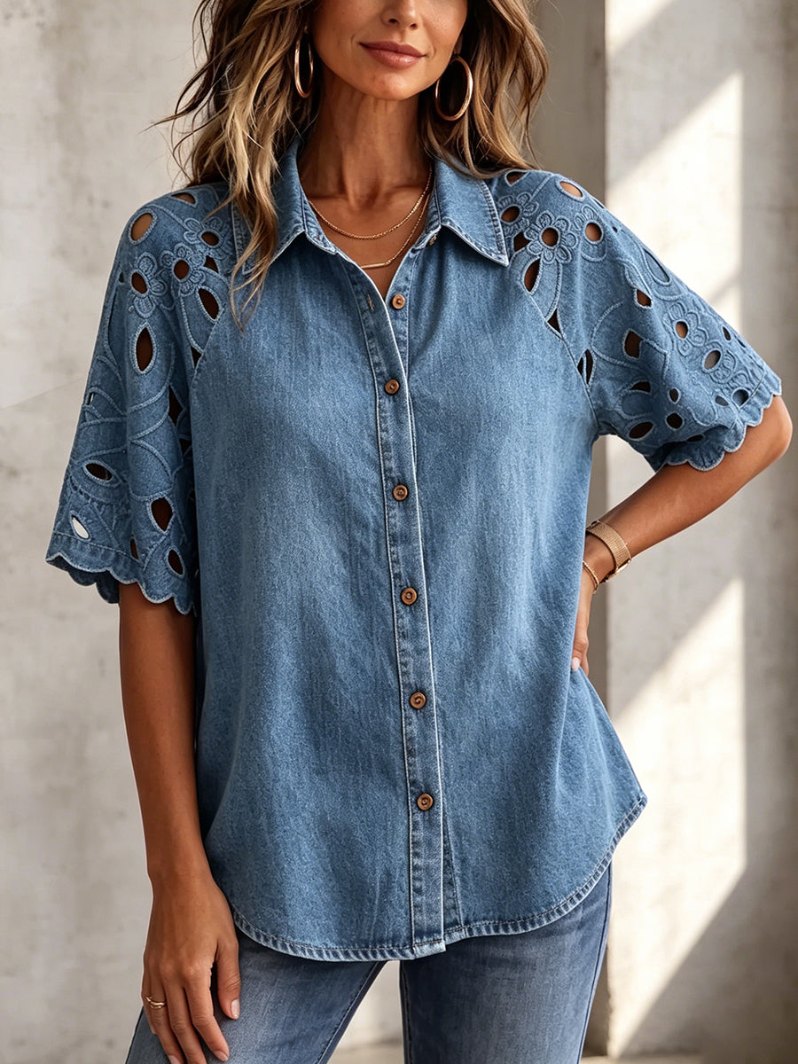 Vintage-Jeansbluse mit Edler Lochspitze & Floralem Stickerei-Detail
