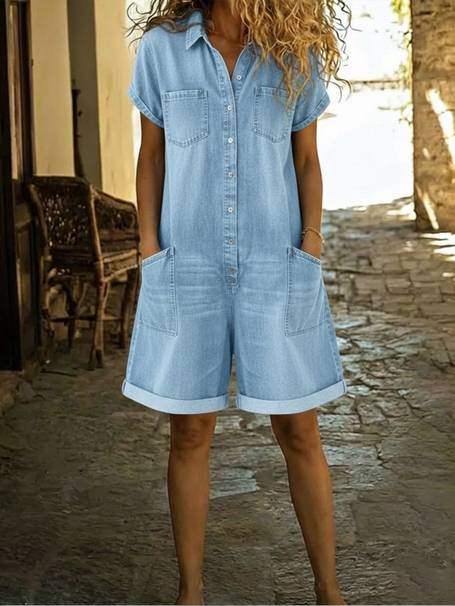 Women's Denim Short Sleeve Romper Jumpsuit