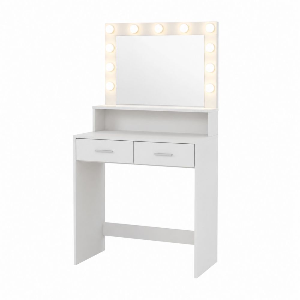 Coiffeuse blanche avec miroir éclairé 12 lumières, bois composite