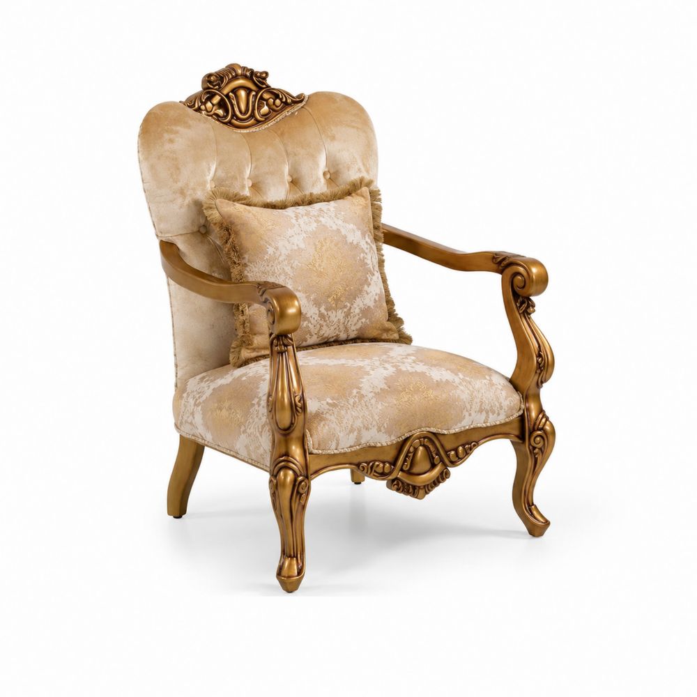 Fauteuil en bois sculpté avec velours doré