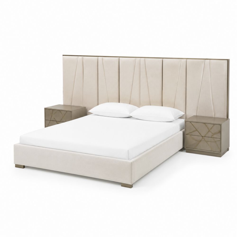 Lit double en bois avec tête de lit rembourrée et 2 tables de chevet 200x160 cm