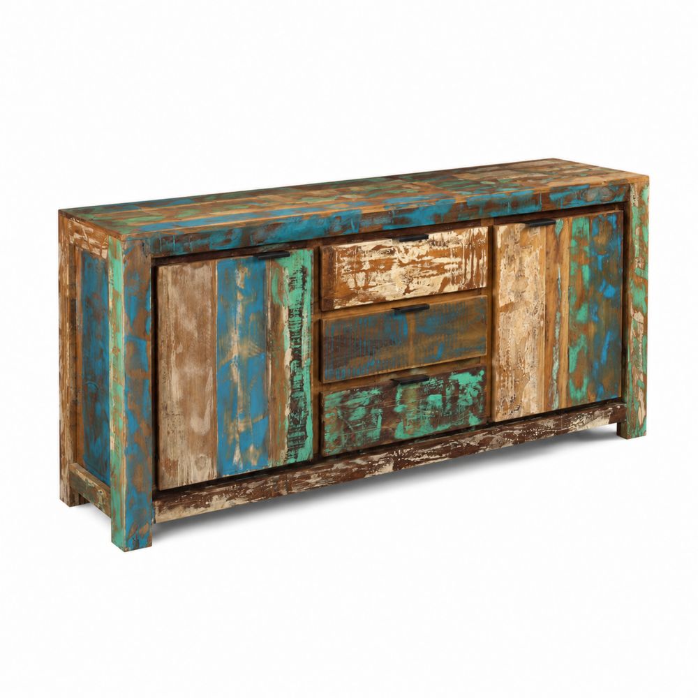 Buffet rectangulaire en bois de récupération multicolore avec portes et tiroirs