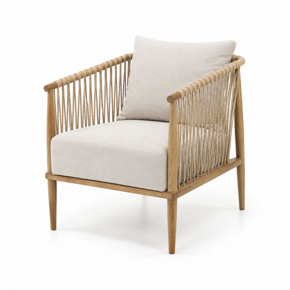 Fauteuil en bois et corde avec coussins en polyester Beige