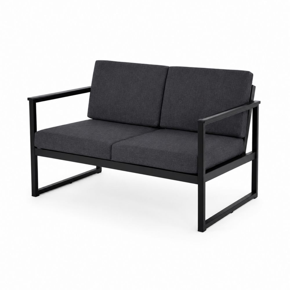 Canapé biplace en métal avec coussins en tissu gris