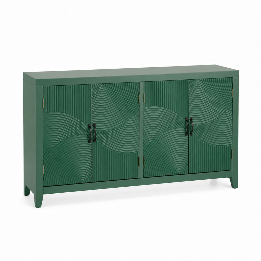 Buffet en Bois Massif à 4 Portes avec Motifs Ondulés Vert