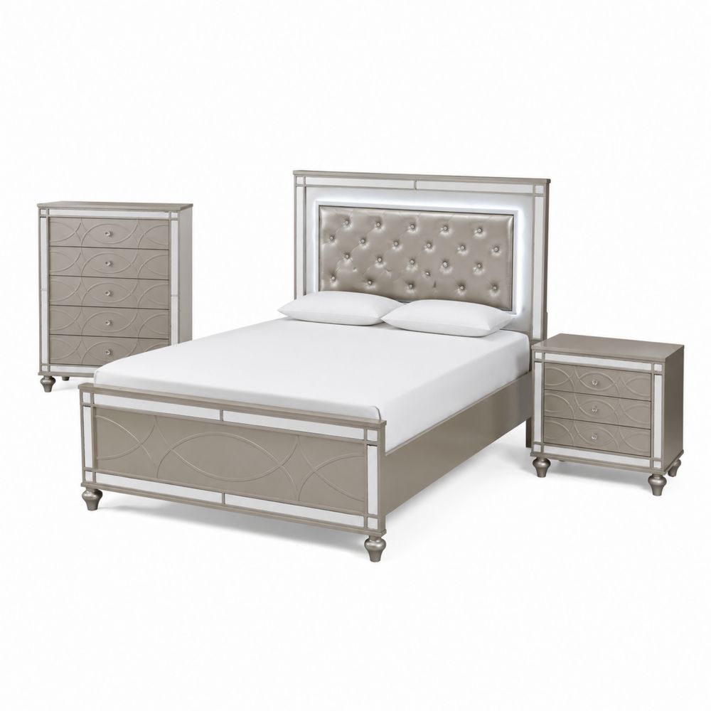 Ensemble de Chambre Lit Double 140x200 cm Simili Cuir Gris