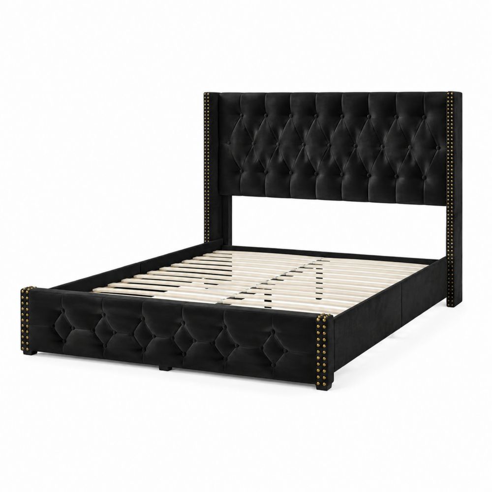 Lit double en bois et velours Noir 200x160 cm