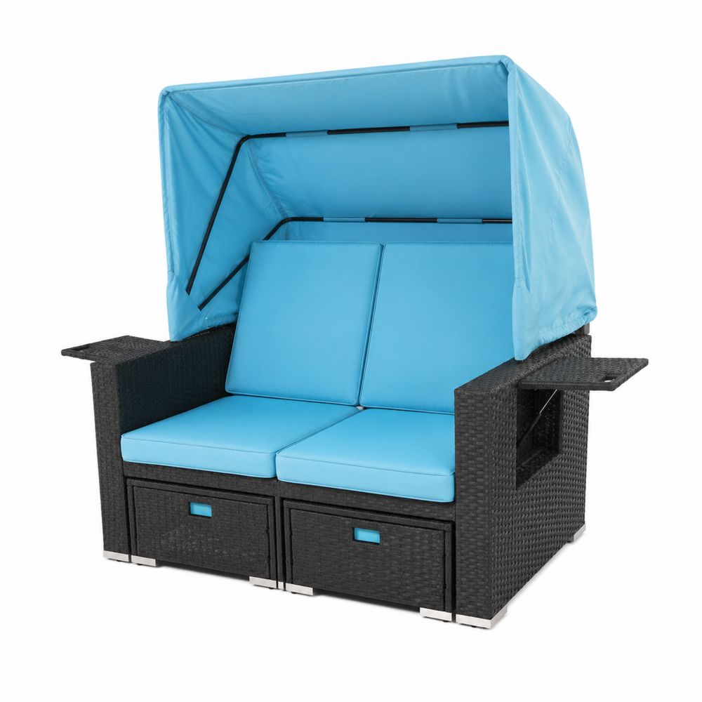Canapé de Jardin en Rotin 2 Places avec Toit Réglable Bleu et Noir