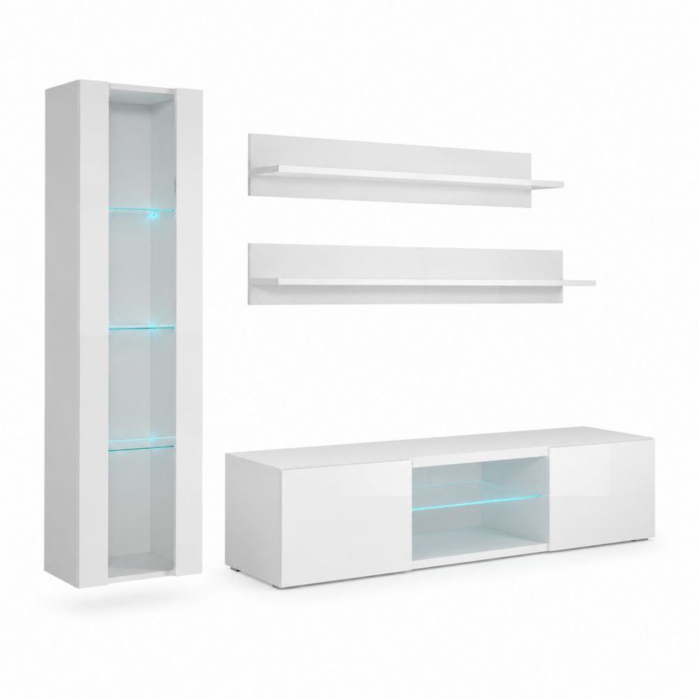 Ensemble de meubles TV en MDF Blanc avec étagères en verre et LED