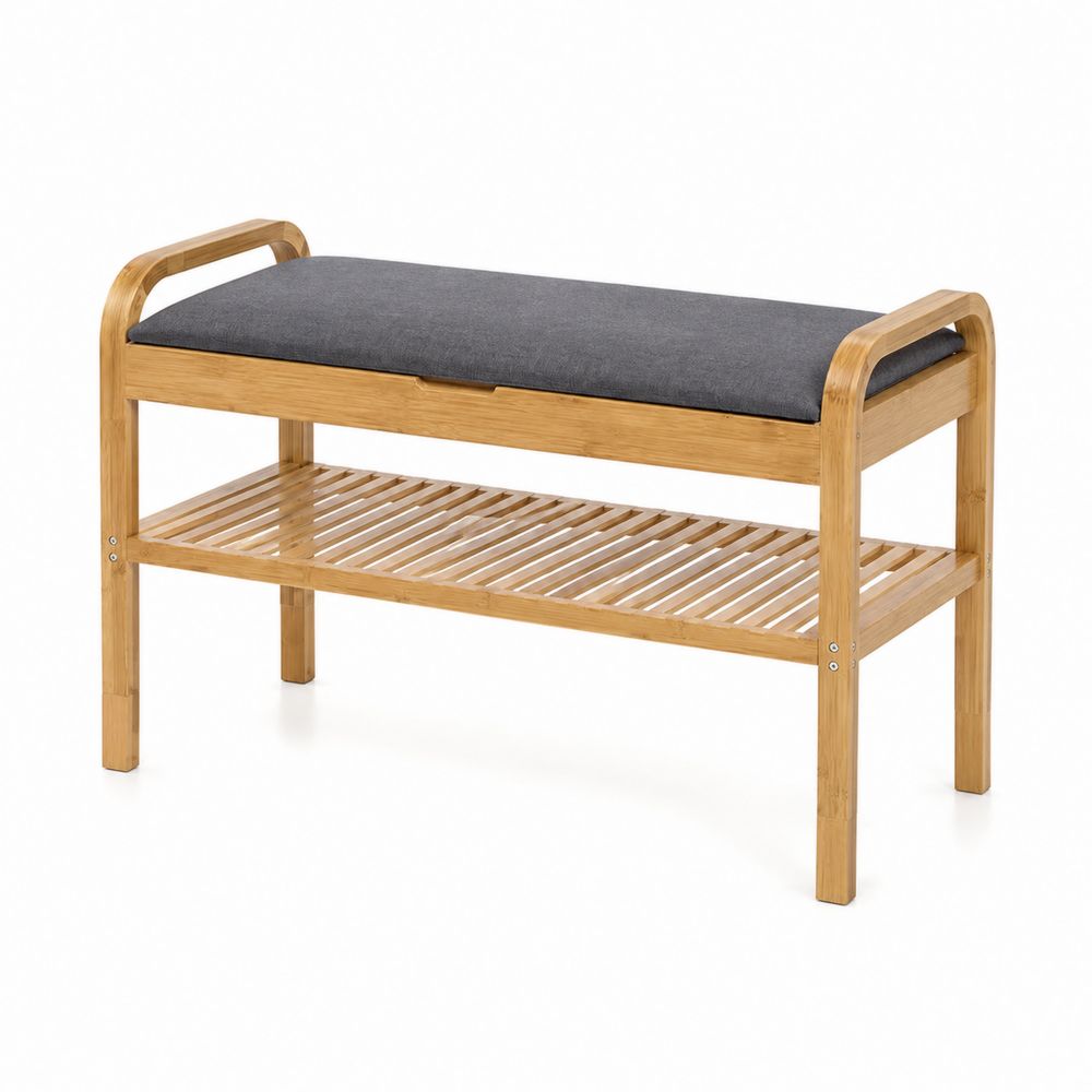 Banc d'entrée en bambou avec rangement et coussin polyester gris