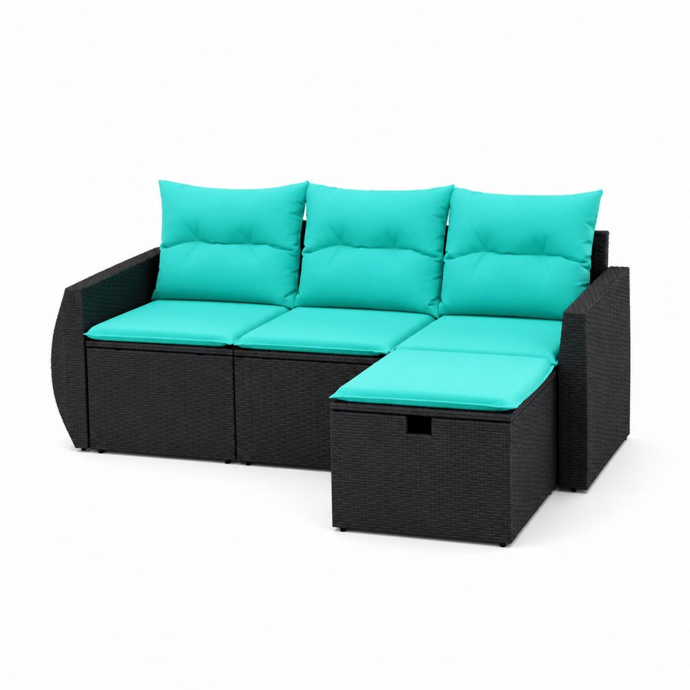 Canapé d'angle en rotin 3 places avec coussins turquoise