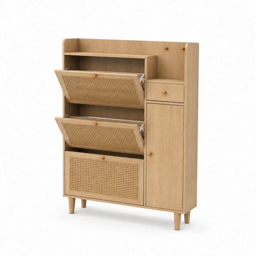Meuble à chaussures en bois clair avec portes treillis rotin