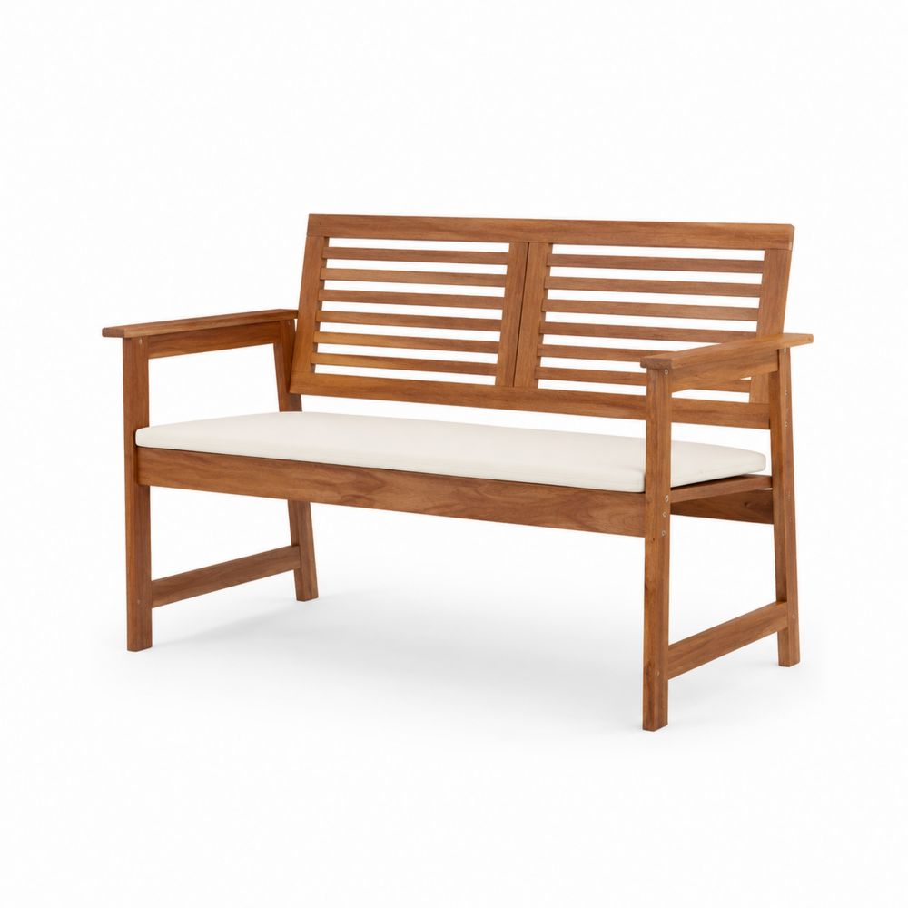 Banc en bois d'acacia avec coussin blanc 120 cm