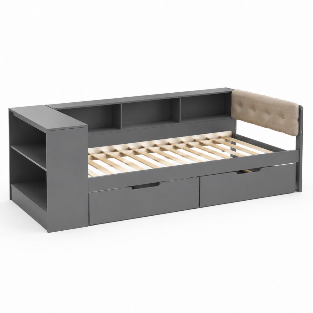 Lit en bois MDF gris avec étagères et tiroirs 200x90 cm