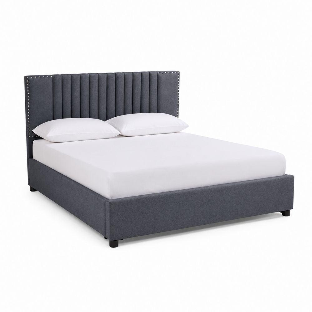 Lit double en métal et polyester avec tête de lit en velours gris 160x200 cm