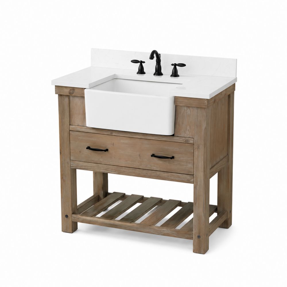 Meuble sous lavabo en bois avec évier en céramique et robinetterie noire