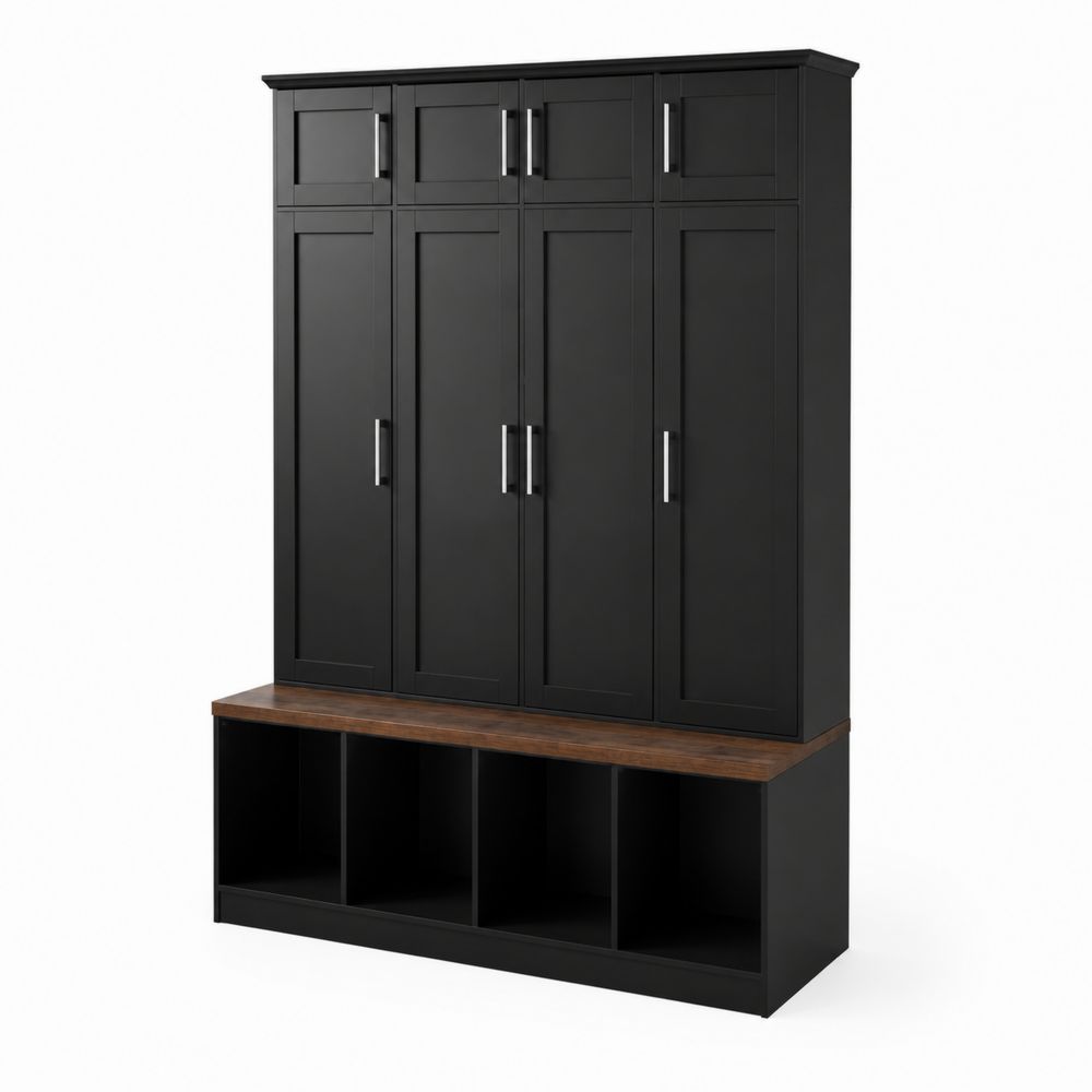 Armoire d'entrée en bois et métal noir avec banc intégré