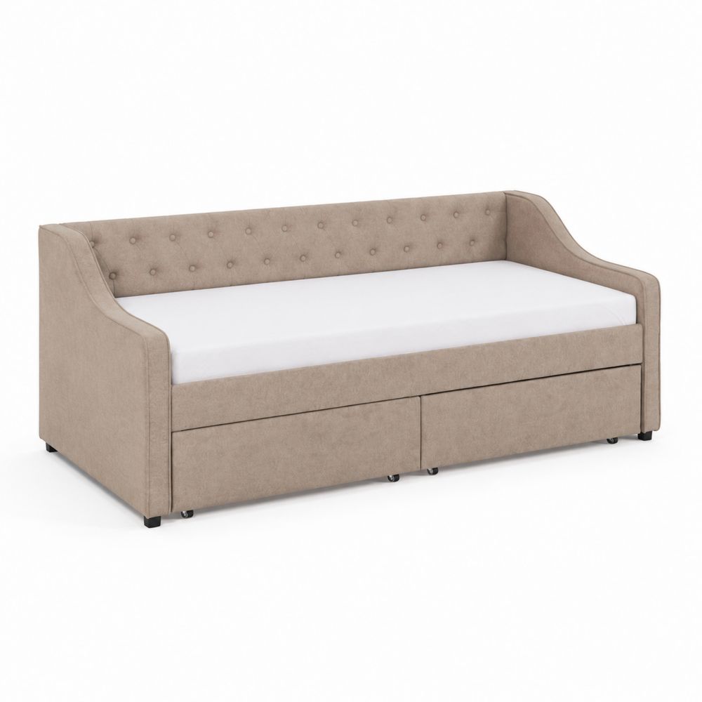 Lit de repos en bois avec tiroirs en tissu beige