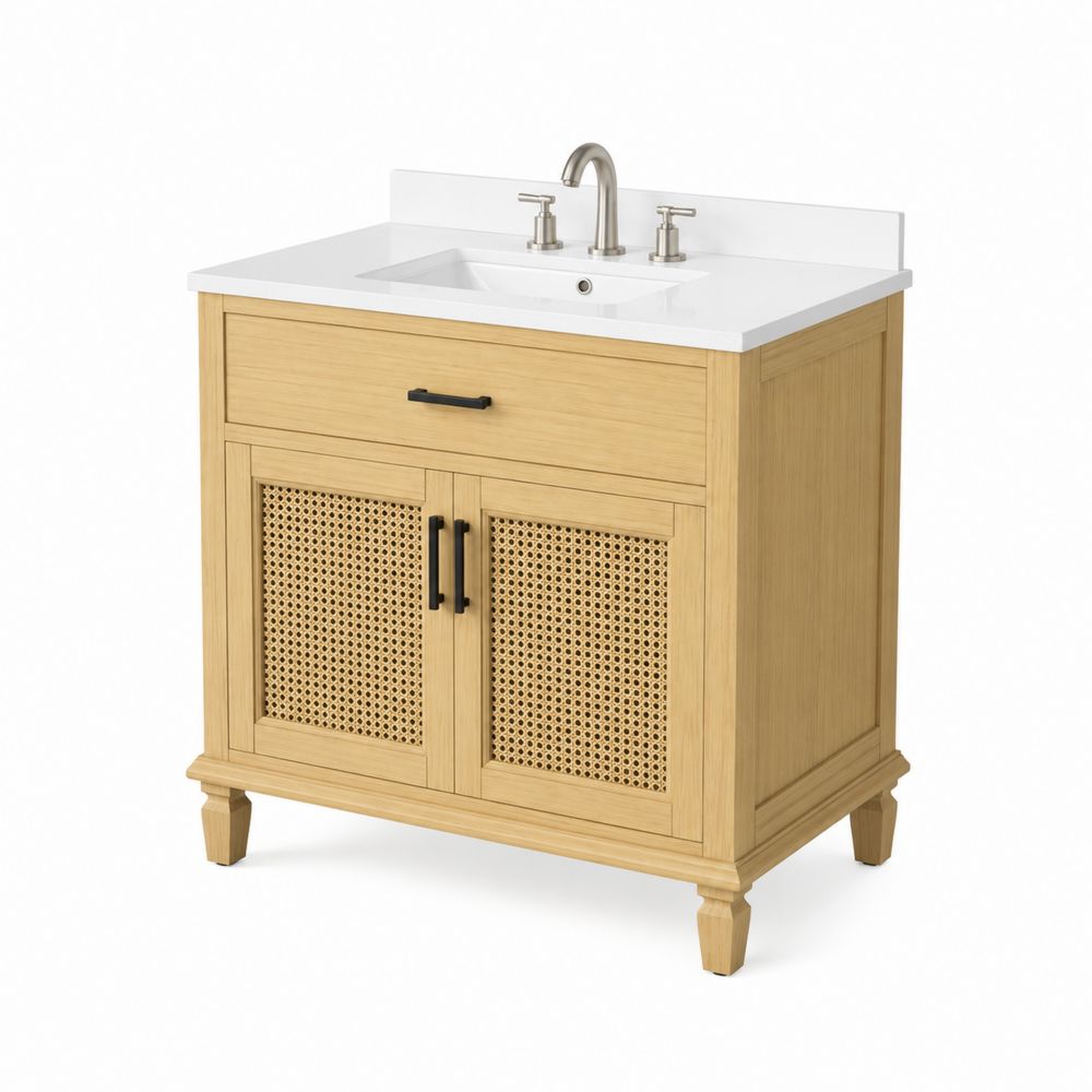 Meuble sous lavabo en bois et rotin avec vasque en céramique