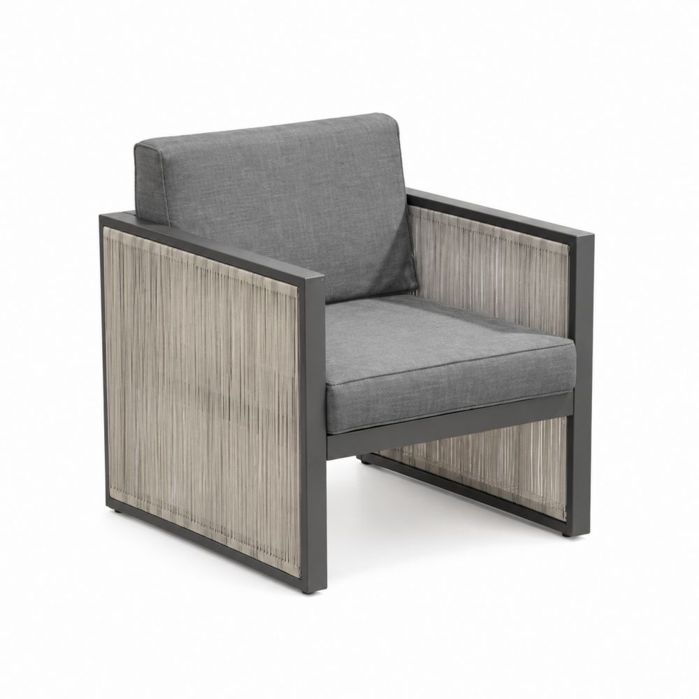 Fauteuil extérieur en aluminium avec coussins en tissu gris