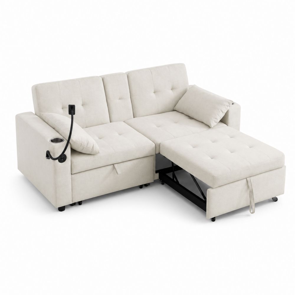 Canapé d'angle convertible en tissu beige avec repose-pieds